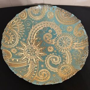 Elegant Akcam Turkish Handpainted 13” Gold And Teal Serving Bowl